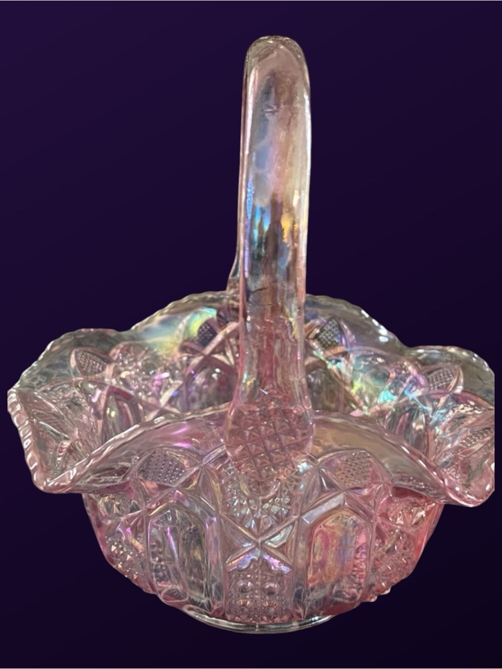 Pink Iridescent Glass Basket Candy Dish